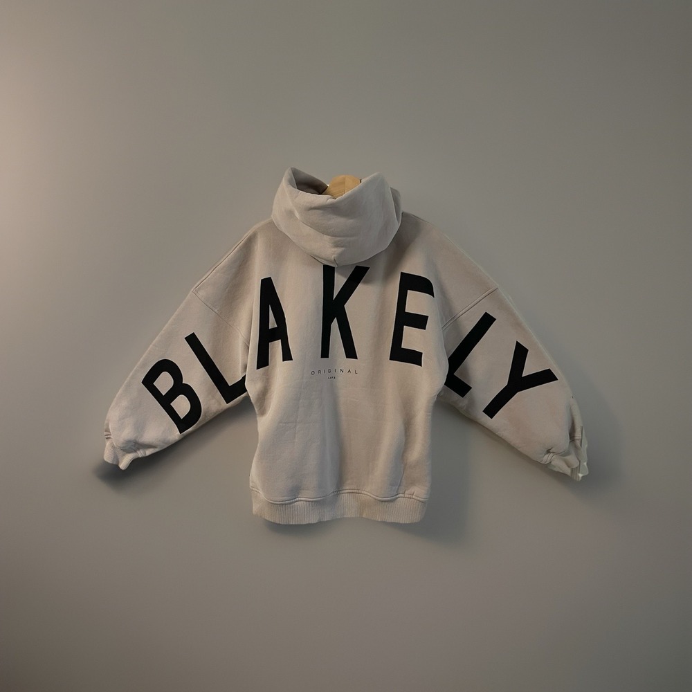 BLAKELY Mens Idris Oversized Hoodie Sm Ostmeal Black‎ Screen Print Letters